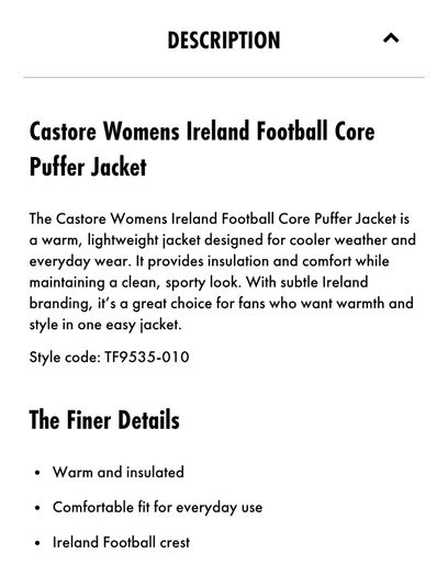 Brand New Castore Ireland Core Puffer Jacket - Size - U.K.16 - RRP - 55.00