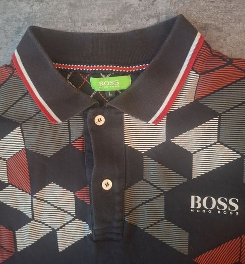 Hugo Boss Green Label Men's L Polo Shirt Black Geometric Graphic Short Sleeve