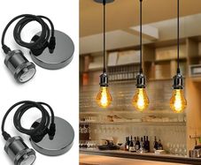 Chrome Pendant Light Fitting, Black Pendant Light Fitting with E27 Lamp Holder, Chrome Ceiling Rose Light Pendant Fitting, 2 Pack