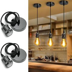 Chrome Pendant Light Fitting, Black Pendant Light Fitting with E27 Lamp Holder, Chrome Ceiling Rose Light Pendant Fitting, 2 Pack
