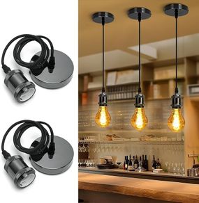 Chrome Pendant Light Fitting, Black Pendant Light Fitting with E27 Lamp Holder, Chrome Ceiling Rose Light Pendant Fitting, 2 Pack