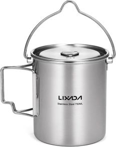 Camping Water Cup with Foldable Handles and Lid 750ml Stainless Steel Mug Hanging Pot for Camping Hiking Backpacking Picnic