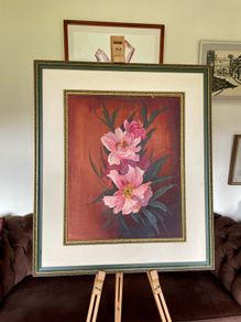 Vintage Peonies Floral Original Acrylic Painting In Ornate Frame
