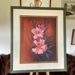 Vintage Peonies Floral Original Acrylic Painting In Ornate Frame