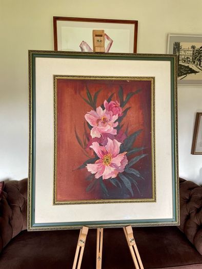 Vintage Peonies Floral Original Acrylic Painting In Ornate Frame