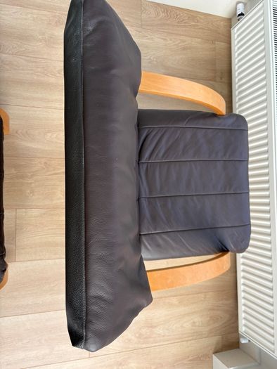 Set of 2 Brown leather and wood Bent Wood Easy Chairs and matching footstools