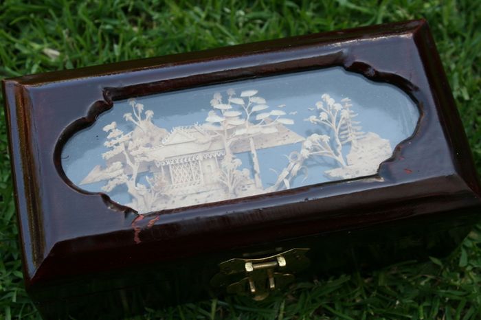 Vanity Jewelry Box Chinese Japanese Cork Scene Wood Frame - 6,4x3,2xH3in