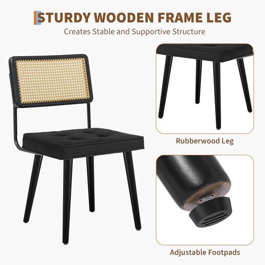 Dining Room Chairs, Set of 2, Upholstered Chairs with Faux Leather Seat, Breathable Rattan Backrest, Adjustable Feet and Sturdy Solid Wood Legs, Kitchen Chairs up to 150 kg, for Dining Room, Living