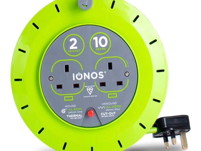 IONOS 2 Socket Cable Reel, 10m, Green Extension Lead, 13A with Thermal Cut Out, Heavy Duty Outdoor Extension Lead (ION13A10MCR6)