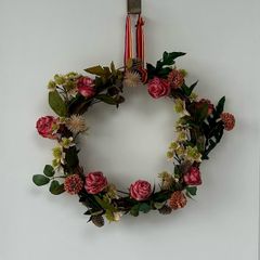Handmade Rattan Wreath with Pink Roses & Dried Botanicals, 35-inch