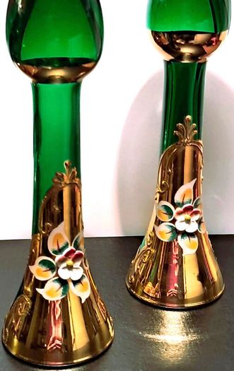 2 x Emerald Green Bohemian Art Glass Bud Vases