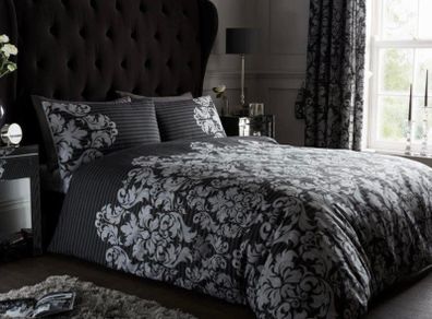 Damask Bedding Double Bed Set - Flower Duvet Cover - Comforter Covers With Pillow Cases - Black MULTIPLE SIZES AVAILABLE (FREE POSTAGE)