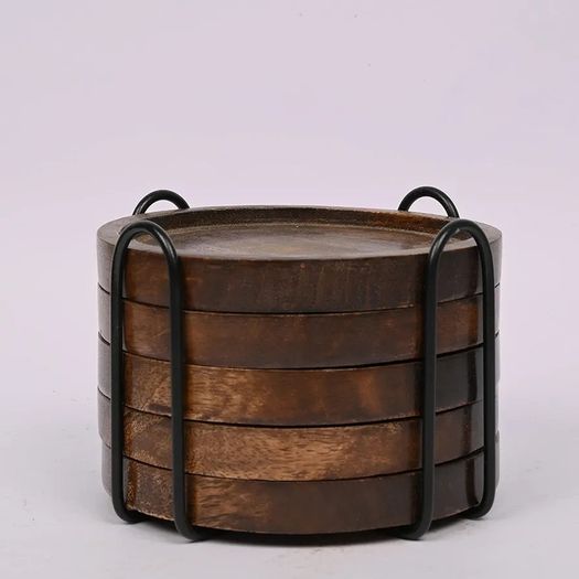 Mango Wood Coasters for Drinks with Iron Holder Stand Set of 5 for Drinking Glasses, Tabletop Protection for Any Table Type
