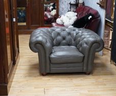 Oversized Grey Leather Chesterfield Armchair