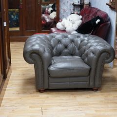 Oversized Grey Leather Chesterfield Armchair