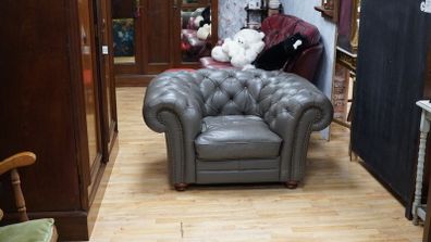 Oversized Grey Leather Chesterfield Armchair