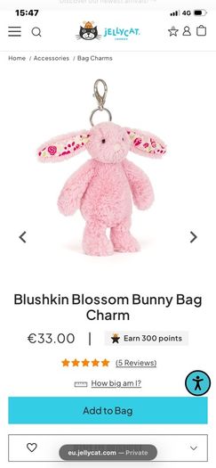 New JELLYCAT Blushkin Blossom Bunny Bag/Backpack Charm