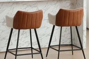 Modern Bar Stools Set of 2 Counter Stools PU Leather + Linen Fabric Spliced High Bar Stools for Breakfast with Metal Legs