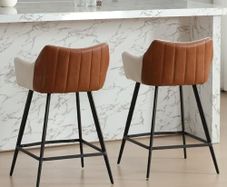 Modern Bar Stools Set of 2 Counter Stools PU Leather + Linen Fabric Spliced High Bar Stools for Breakfast with Metal Legs