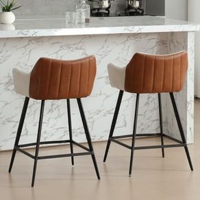 Modern Bar Stools Set of 2 Counter Stools PU Leather + Linen Fabric Spliced High Bar Stools for Breakfast with Metal Legs