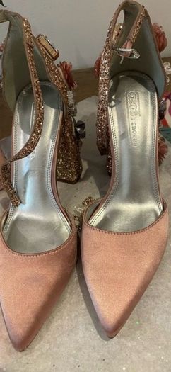 Pink Satin Block Heels Size 4 (37) + Matching Floral Clutch Bag, Wedding/Occasion