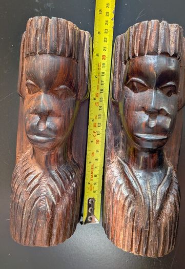 African Wooden Head Bookends Pair Hand Carved Tribal Hardwood Busts