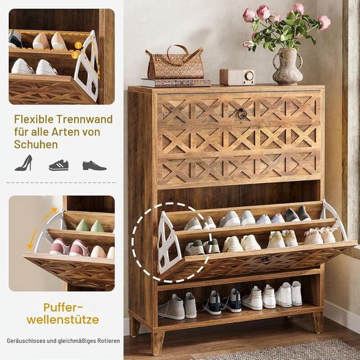 Vintage Brown Shoe Cabinet with 2 Folding Drawers, Freestanding Shoe Storage Organiser for Hallway, Entryway & Home