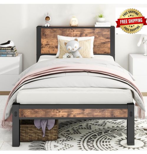 Single Bed Frame with Wood Storage Headboard, 90 x190 cm, Brown 3ft Metal Bed Frame Single for Adults Kids, Mattress Base, Underbed Storage, No Box Spring Needed