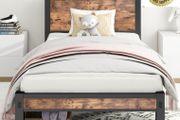 Single Bed Frame with Wood Storage Headboard, 90 x190 cm, Brown 3ft Metal Bed Frame Single for Adults Kids, Mattress Base, Underbed Storage, No Box Spring Needed