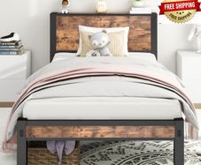Single Bed Frame with Wood Storage Headboard, 90 x190 cm, Brown 3ft Metal Bed Frame Single for Adults Kids, Mattress Base, Underbed Storage, No Box Spring Needed