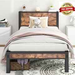 Single Bed Frame with Wood Storage Headboard, 90 x190 cm, Brown 3ft Metal Bed Frame Single for Adults Kids, Mattress Base, Underbed Storage, No Box Spring Needed