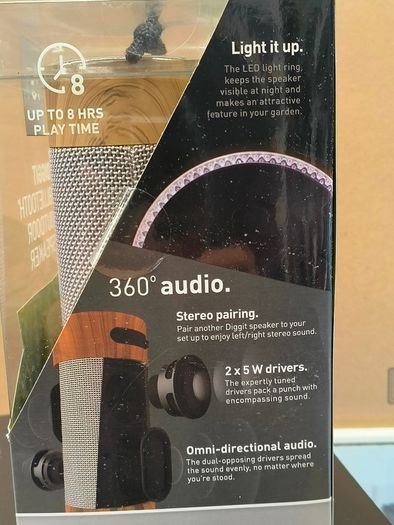 KitSound KS DIGGIT Diggit Outdoor Freestanding Bluetooth Garden Speaker with Removable Stake, Silver/Wood (New)
