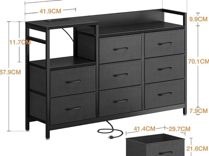 Black Chest of Drawers Bedroom, 8 Fabric Drawers, 30x132x88cm Contains 2 USB & 2 AC Ports Sockets, Storage Dresser with 8 Fabric Drawers Suitable for Bedrooms, Living Rooms