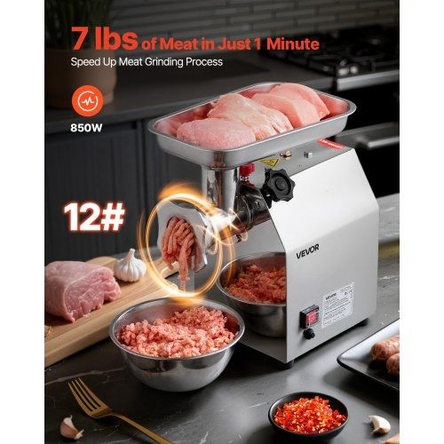 Commercial Electric Meat Grinder, 3.2 kg/min Capacity, #12 Industrial Meat Mincer with 2 Stainless Steel Blades, 2 Grinding Plates, 850W Heavy-Duty Sausage Maker, for Kitchen, Restaurant