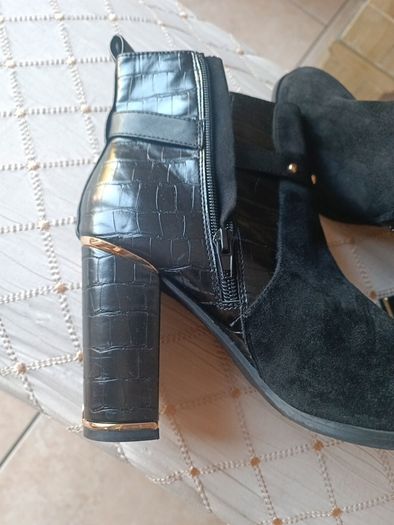 River island black ankle heels boots 6 39 gold steel trim strap padlock alligator print