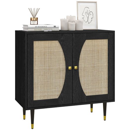 Bohemian kitchen sideboard storage cabinet, double doors with 2 shelves, rattan front, 80 x 38 x 79 cm, black
