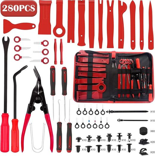 280Pcs Car Trim Removal Tool Kit Include Plastic Pry Tool, Clip Pliers, Hook Pick,Stereo Radio Removal Keys for Removing Panel, Door Panel,Radio,Stereo (High Hardness, No Damage to the Car)