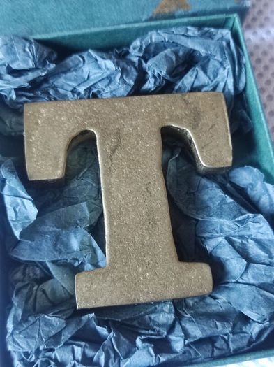 Initial T brass paperweight