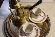 Turkish / Greek / Arabic Coffee set. Coffee Pot Brass for 2 set on brass Tray with 2 Cups and saucers and brass Seprteaia.