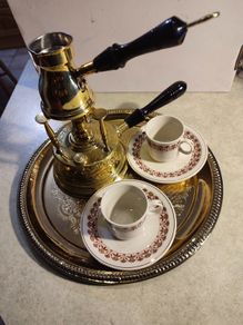 Turkish / Greek / Arabic Coffee set. Coffee Pot Brass for 2 set on brass Tray with 2 Cups and saucers and brass Seprteaia.