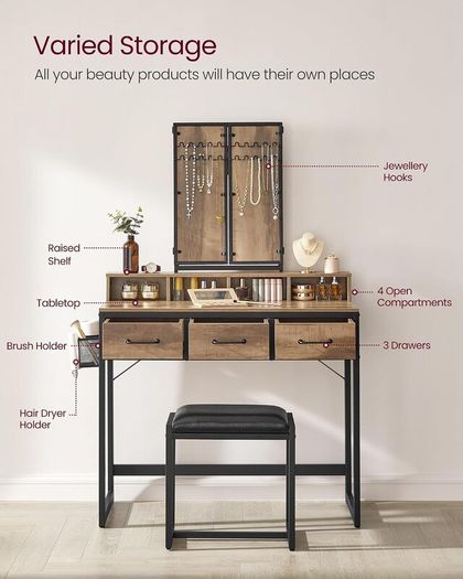 Dressing Table with Mirror and Stool, Vanity Table with Tri-Fold Mirror, 3 Drawers, Hair Dryer Holder