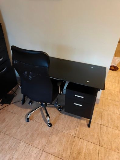 Glass top work desk and chair
