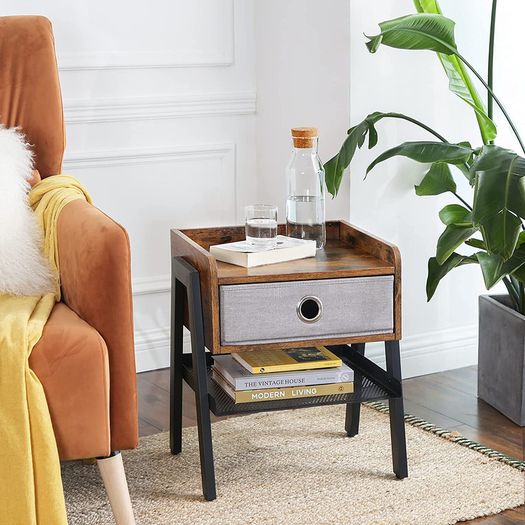 _Bedside Tables, Industrial Nightstand, End Table with Removable Fabric Drawer, Mesh Shelf, Metal Frame, for Living Room, Bedroom, Balcony, Rustic Brown