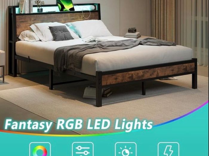 King Size Bed Frame with Wood Headboard Storage, Black Charging Station, LED Lights, Heavy Duty Metal Slats, Under Bed Storage,No Box Spring Needed,Easy Assembly