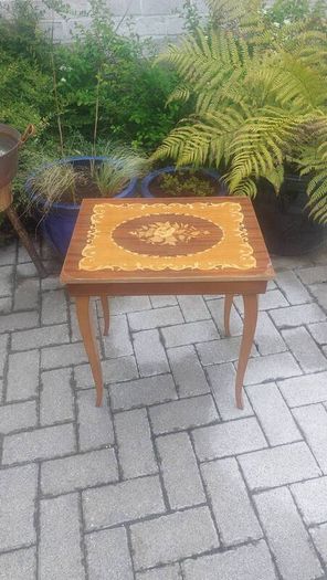 Vintage Mid Century Side Table with a Handmade Marquetry Panel Top Featuring a Floral Motif, Unknown Maker, Presume Italian-Made, Condition Issues, Needs Restoring
