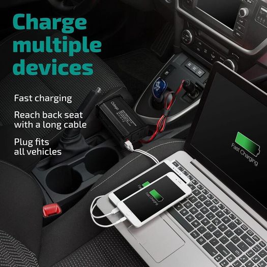 300W Car Power Inverter 12V to 240V / 230V Converter, USB-A and USB-C 3A Charging Ports - Charge Your Laptop, iPad, iPhone, Tablet, Consoles & More - Durable and Powerful - Black Aluminum Body