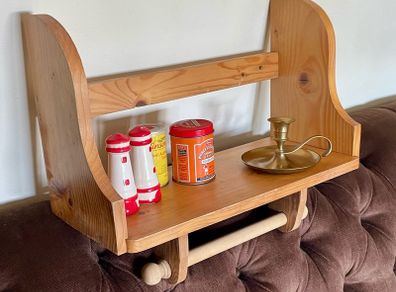 Rustic Solid Pine Wall Shelf with Kitchen Roll Holder