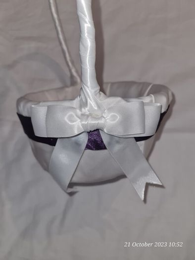 Handmade wedding ring cushion and flowergirl basket with purple detail