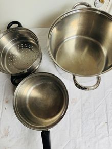 Pasta soup and veg cooking pots large and small inox