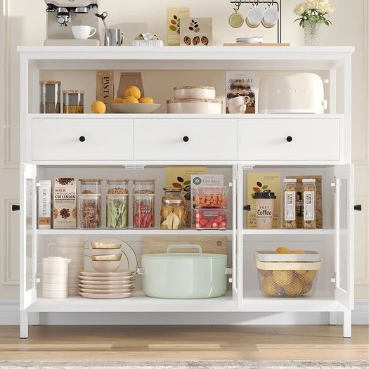 White Sideboard Storage Cabinet Kitchen Sideboard Buffet Cabinet with 3 Glass Doors 3 Drawers and Adjustable Shelves for Living Room Dining Room, Metal Frame 108x38x98.5cm